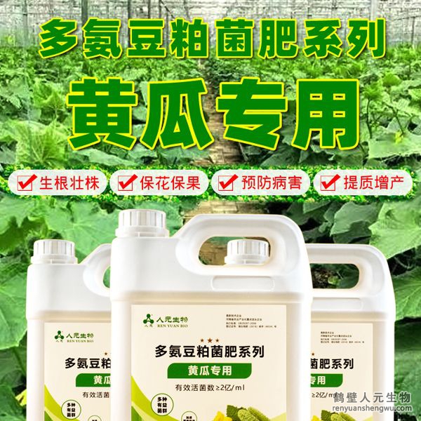 多氮豆粕菌肥系列黃瓜專用肥由河南省微生物菌劑工程技術(shù)研究中心研制，鶴壁市人元生物技術(shù)發(fā)展有限公司生產(chǎn)，本品是以固態(tài)發(fā)酵豆粕為主要原料，豆粕經(jīng)過(guò)有益微生物菌種發(fā)酵分解，充分釋放游離氨基酸，同時(shí)輔以枯草、地衣、膠凍樣芽孢桿菌等有益菌群。