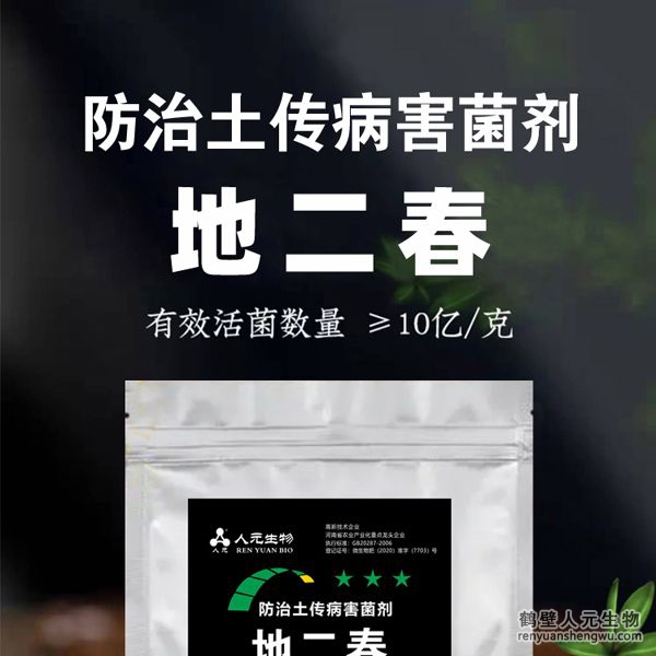 【地二春】土傳病害防治菌劑由河南省微生物菌劑工程技術(shù)研究中心研制，鶴壁市人元生物技術(shù)發(fā)展有限公司生產(chǎn)，本品根據(jù)土壤生態(tài)環(huán)境及土傳病害機(jī)理，以枯草、地衣芽孢桿菌、哈茨木霉菌、放線菌、白僵菌、綠僵菌及淡紫擬青霉等菌群為主，經(jīng)特殊培養(yǎng)精心研制而成的新一代抗土傳病害復(fù)合微生物菌劑。