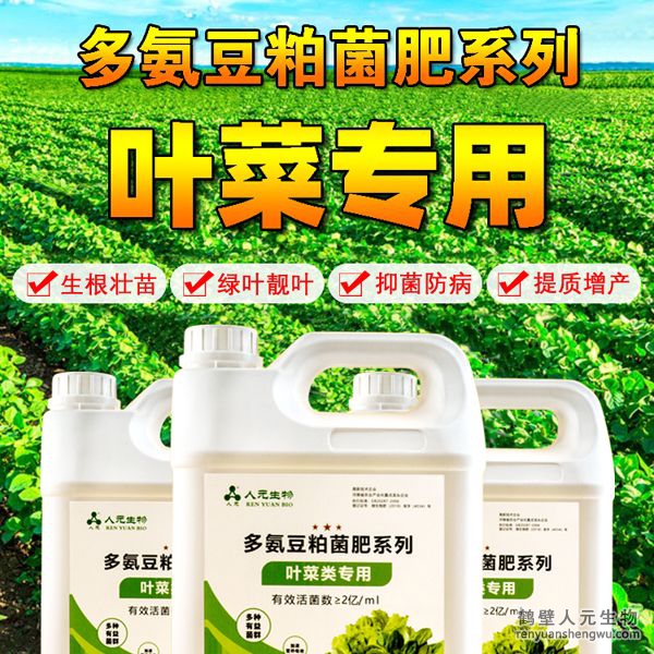 多氨豆粕菌肥系列葉菜類專用肥由河南省微生物菌劑工程技術(shù)研究中心研制，鶴壁市人元生物技術(shù)發(fā)展有限公司生產(chǎn)，本品是以固態(tài)發(fā)酵豆粕為主要原料，豆粕經(jīng)過有益微生物菌種發(fā)酵分解，充分釋放游離氫基酸，同時(shí)輔以枯草、地衣、膠凍樣芽孢桿菌等有益菌群。